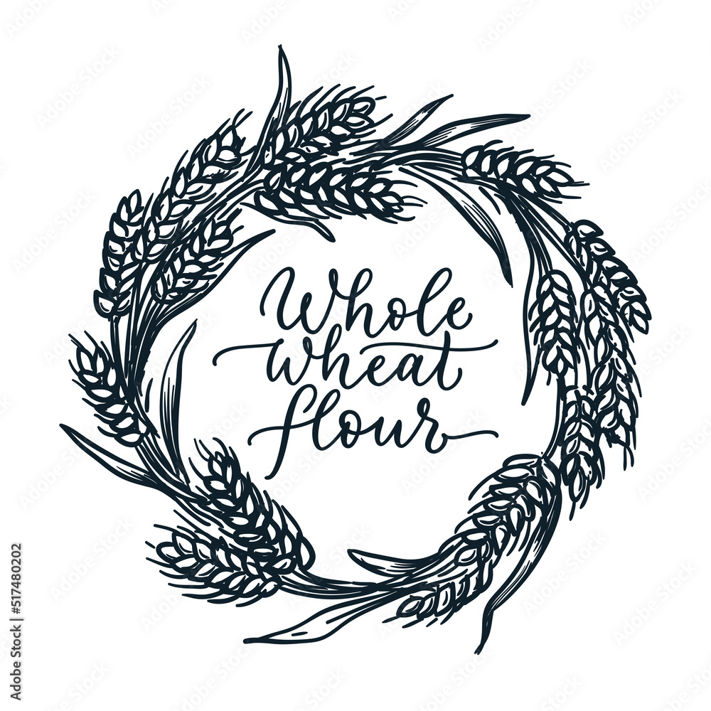 Obraz premium Wheat ears wreath, vector sketch hand drawn illustration. Flour, bread or bakery label, packaging emblem vintage design