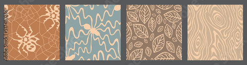 Abstract collection of seamless patterns with insects and wood Grain