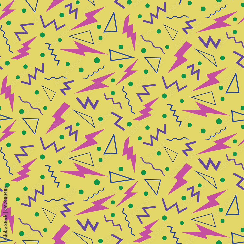 Neon pink lightening bolt with zigzag waves and geometric shapes in 90s style over yellow background. For retro party posters, textures and gift wrapping paper. Neon pink lightening bolt with zigzag waves and geometric shapes in 90s style over yellow background. For retro party posters, textures and gift wrapping paper.