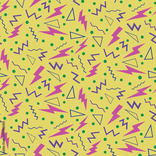 Neon pink lightening bolt with zigzag waves and geometric shapes in 90s style over yellow background. For retro party posters, textures and gift wrapping paper. 