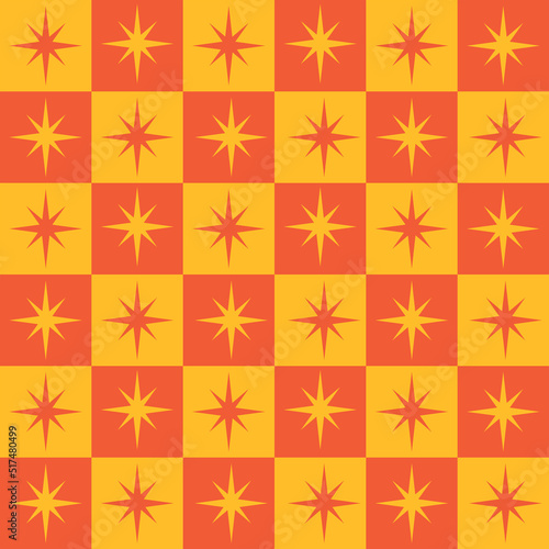 Mid century modern atomic starburst on orange and amber checkered squares seamless pattern. For wallpaper, textile, wrapping paper and fabric. 