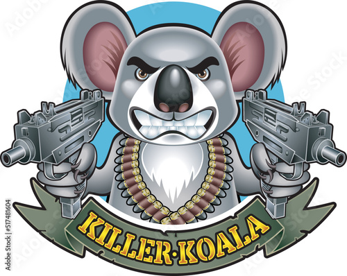 cartoon style koala bear pointing with two machine pistols