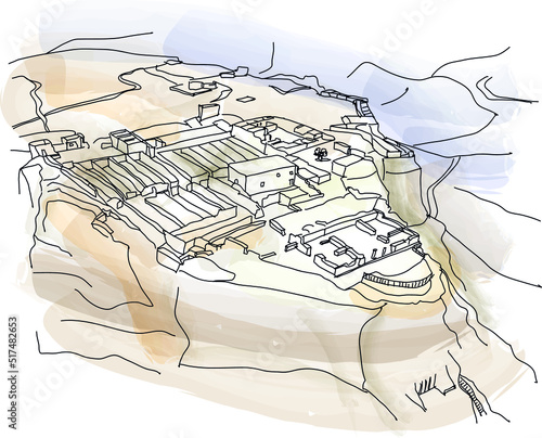 The fortress of Masada in Israel. Watercolor illustration for postcard, calendar, travel magazine, social media post