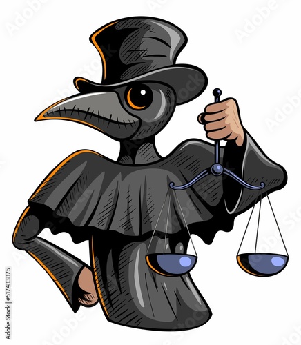 Cartoon style plague doctor character, holding up old-style judgment scales. Plague doctor in the cylinder hat. Isolated on white background.