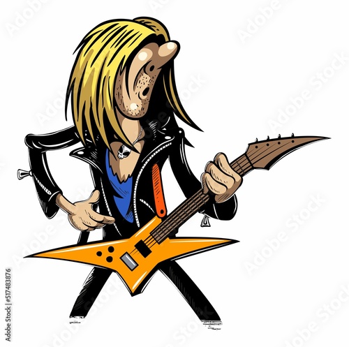 Cartoon style rock musician character. Bass player in the leather jacket in action. Isolated on white background.