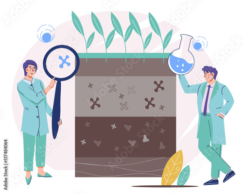 Agronomic studies of soil, analysis and control of pollution of land. Laboratory analysis of the soil for agronomy and farming, flat vector illustration isolated on white background.