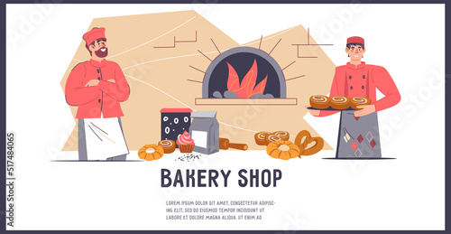 Bakery shop banner or leaflet design, flat vector illustration isolated on white. Bakehouse or bakeshop advertising banner.