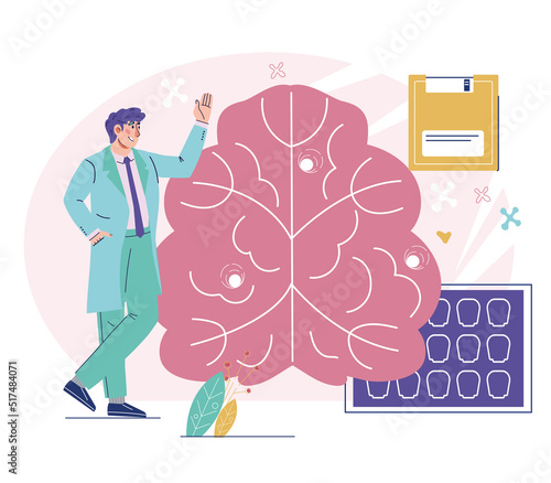 Neurology and research of disorders of nerves and the nervous system, vector illustration isolated on white background. Brain research and disease diagnostic.