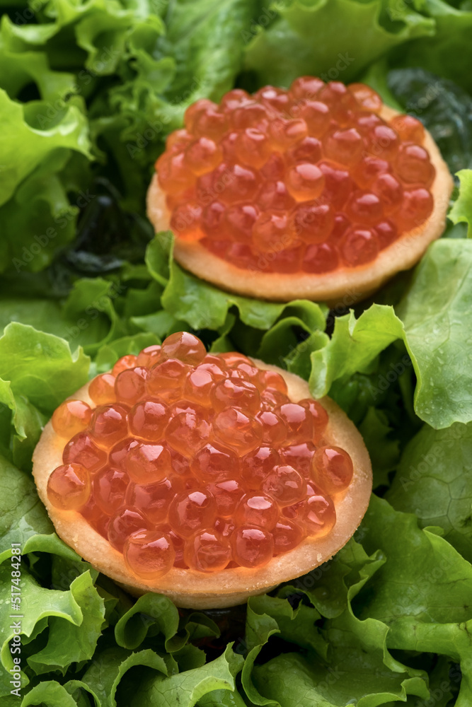 Red caviar. Photograph of food on a black background