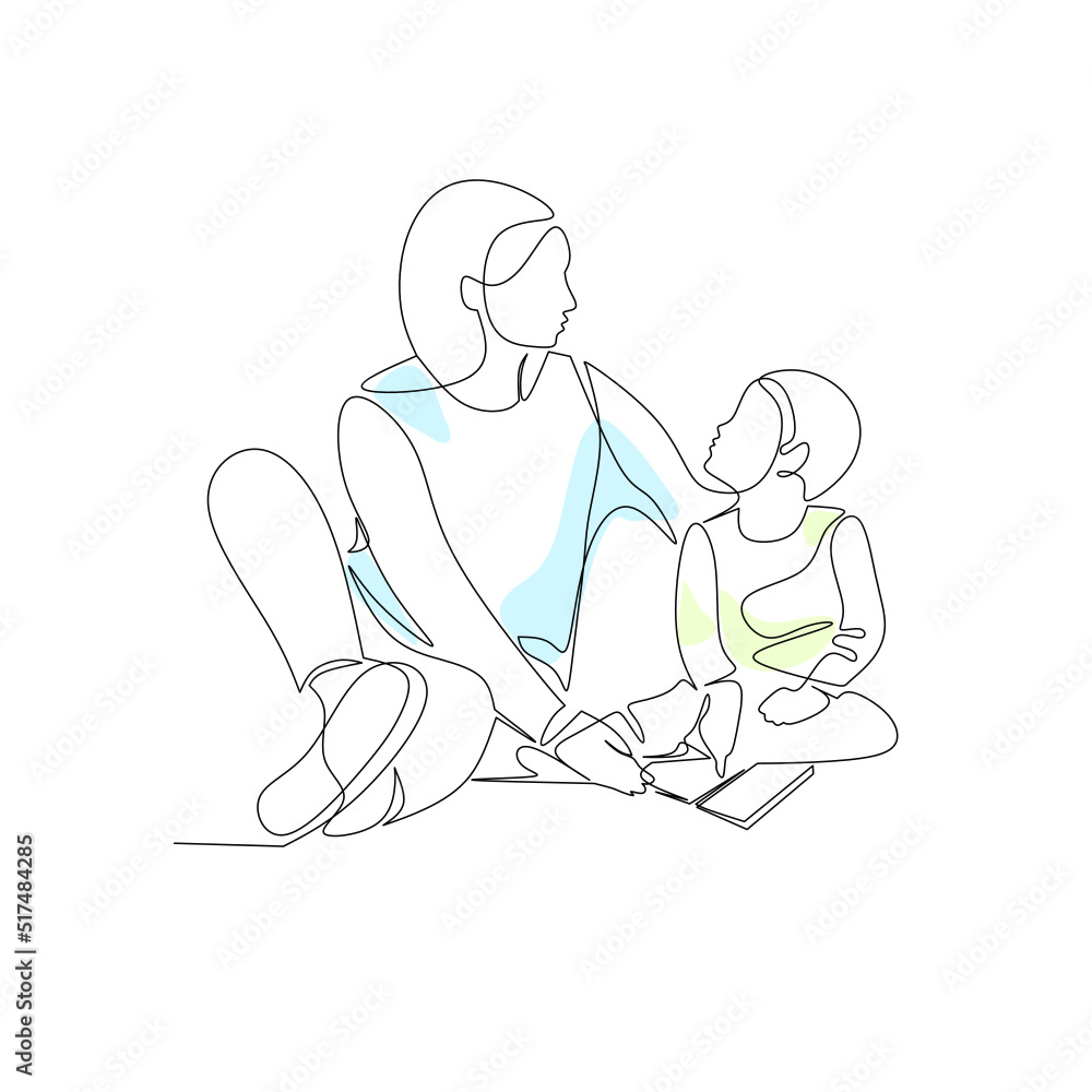 Vector illustration of a woman reading a book to her child drawn in line art style Vector illustration of a woman reading a book to her child drawn in line art style