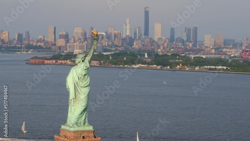 Aerial of a Symbol of West Values Statue of Liberty, New York. Famous Landmark