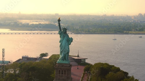 Aerial of a Symbol of West Values Statue of Liberty, New York. Famous Landmark