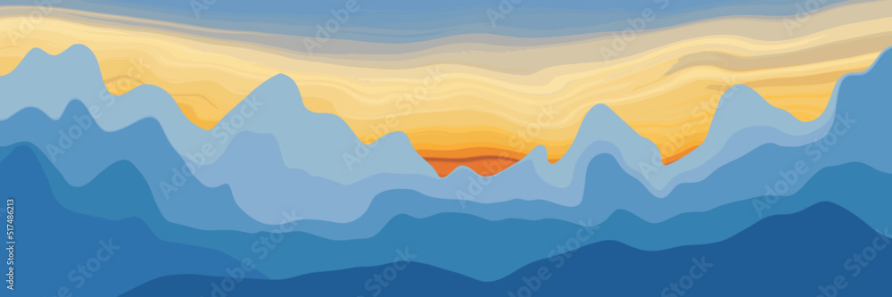 Stylization of mountain landscape, ridges and sunset sky, vector illustration