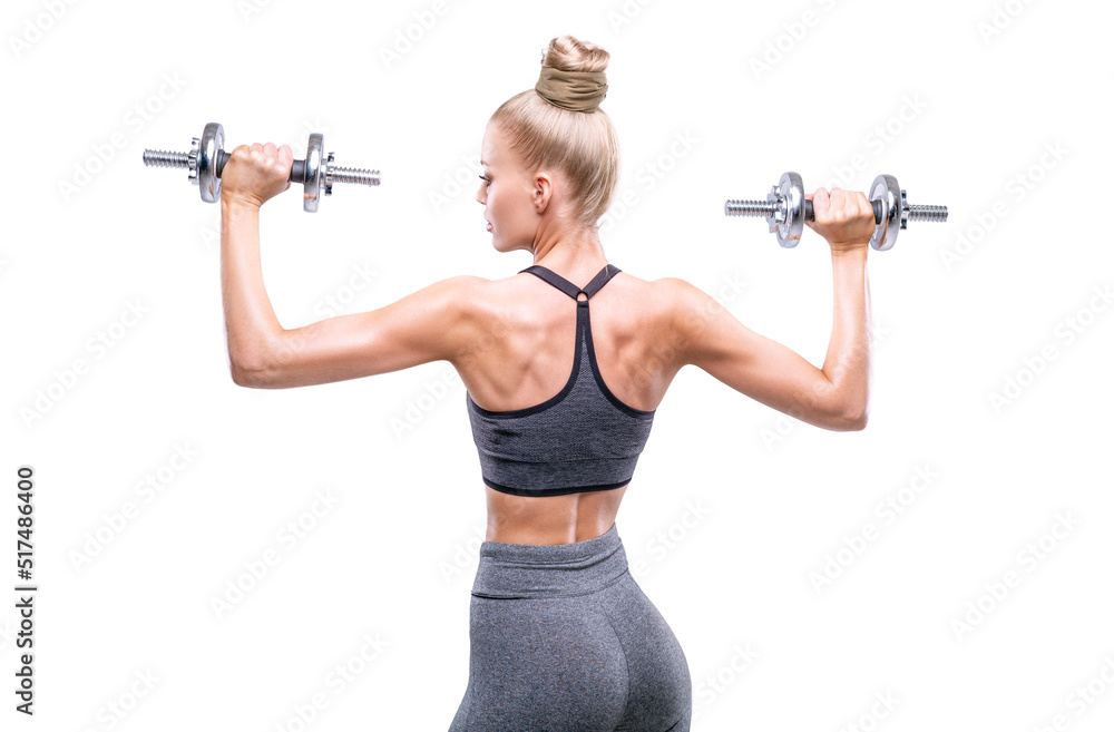 Image of a girl with dumbbells in her hands in a white studio. Fitness and bodybuilding concept. Back view. Image of a girl with dumbbells in her hands in a white studio. Fitness and bodybuilding concept. Back view.