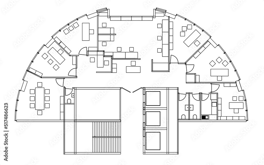 2d architectural drawing of an office plan. Space planning and