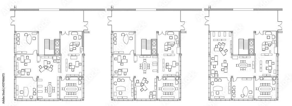 2d architectural drawings of a different office plans. Alternative space planning and furniture layout for the work areas. Monochrome image.