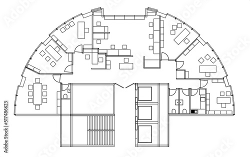 2d architectural drawing of an office plan.  Space planning and furniture layout for the work areas in a circular plan. Monochrome image.