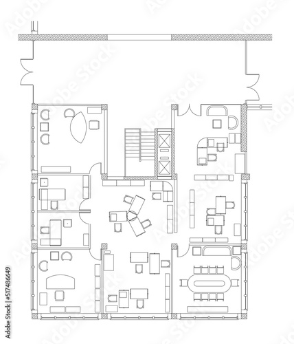 2d architectural drawings of a gridal office plan. Space planning and furniture layout for the work areas. Monochrome image.