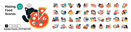 Set of illustrations related to food, cooking and delivery. Different scenes on the kitchen, kitchenware, and decorative elements. Vector illustration