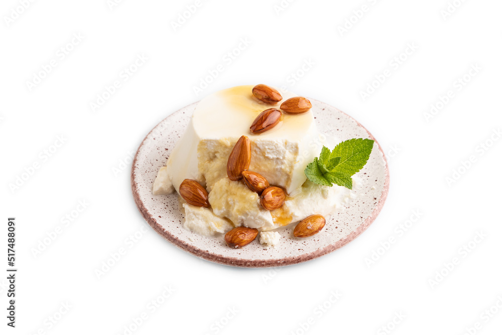 Foto De Ricotta Cheese With Honey And Almonds Isolated On White. Side ...