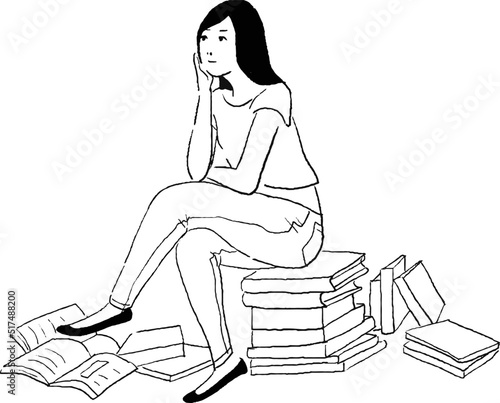 本の山　女性　考える　線画