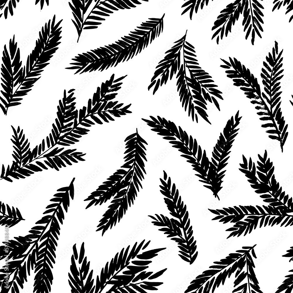 Black spruce branches vector seamless pattern. Botanical Christmas seamless background with fir tree twigs. Foliage ornament. Vintage hand drawn pattern in rustic style. Black brush painted silhouette