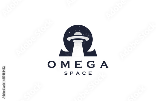Omega symbol with ufo space shape logo icon design template flat vector illustration