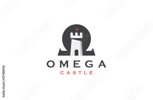 Omega symbol with castle shape logo icon design template flat vector illustration