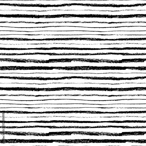 Charcoal thick and thin horizontal lines seamless pattern. Hand drawn vector parallel straight stripes. Black and white geometric abstract background. Various stripes with rough, uneven edges.