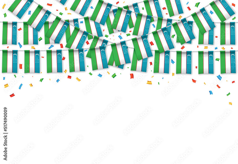 Uzbekistan flags garland white background with confetti, Hanging bunting for Independence Day celebration template banner, Vector illustration Uzbekistan flags garland white background with confetti, Hanging bunting for Independence Day celebration template banner, Vector illustration