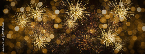 Photography HAPPY NEW YEAR 2026, new years eve, new year's eve - Celebration New Year's Eve, Silvester holiday background panorama greeting card - Golden firework fireworks pyrotechnics on dark night sky