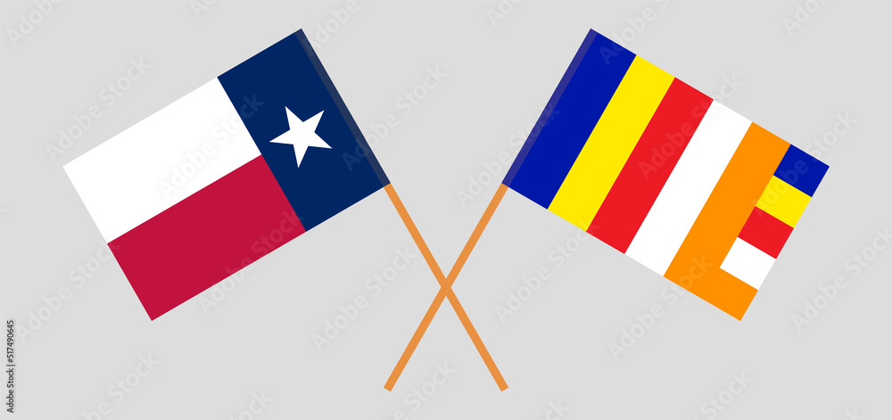 Crossed flags of the State of Texas and Buddhism. Official colors. Correct proportion