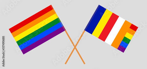 Crossed flags of LGBTQ and Buddhism. Official colors. Correct proportion