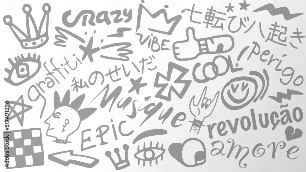 hand drawn graffiti set, on gray gradient background, words in english, french, japanese, portuguese and italian, vector