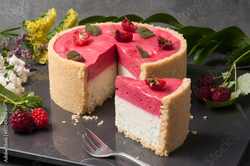 raspberry cake with raspberry mousse, yogurt mousse, decorated with shortbread dough