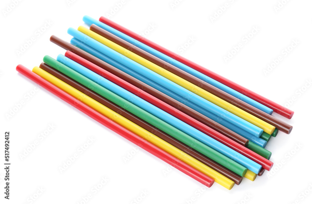 Many colorful glue sticks on white background Many colorful glue sticks on white background