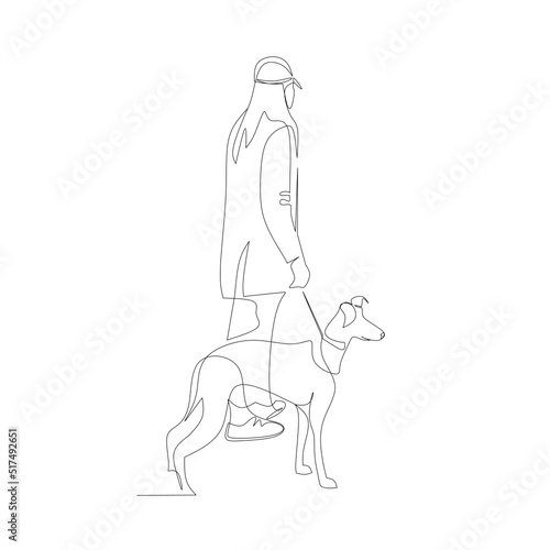 Vector illustration of a woman walking with a dog drawn in line-art style