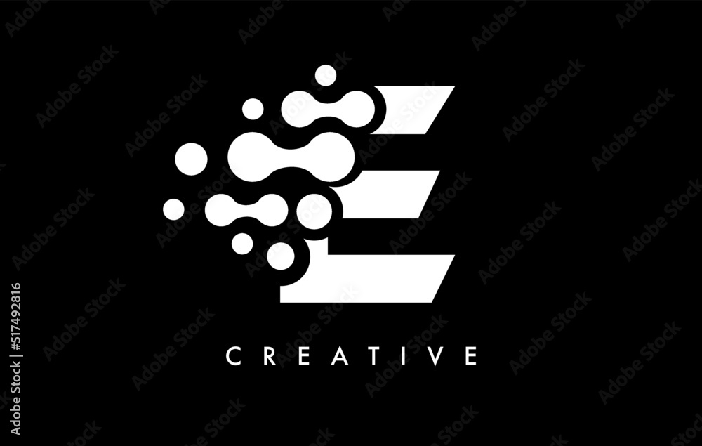 Letter E Dots Logo Design with Black and White Colors on Black Background Vector Stock Vector