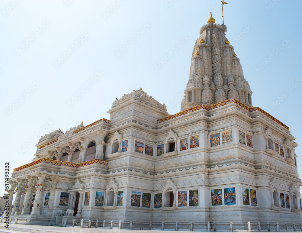Mathura Vrindavan temple, Prem mandir with blue sky in the background , beautiful architecture. Radha Krishna temple.