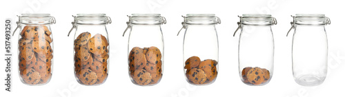 Photography Glass jars with tasty chocolate chip cookies and empty one on white background, collage