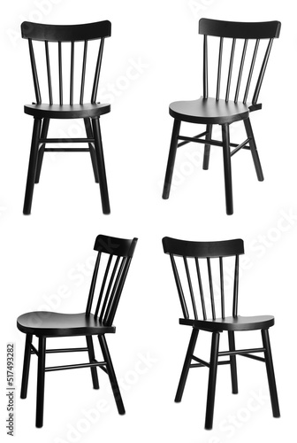 Set with stylish black chairs on white background