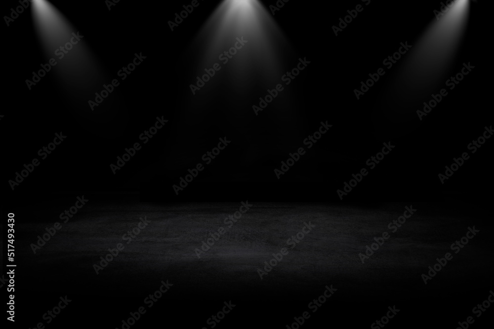 Dark black studio with spotlight gradient light in empty room background, showcase  wall and floor for product display