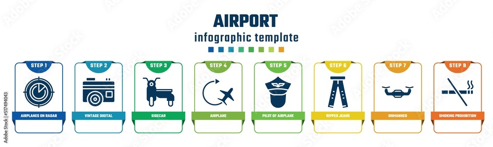 airport concept infographic design template. included airplanes on radar, vintage digital photo camera, sidecar, airplane, pilot of airplane, ripped jeans, unmanned, smoking prohibition icons and 8 airport concept infographic design template. included airplanes on radar, vintage digital photo camera, sidecar, airplane, pilot of airplane, ripped jeans, unmanned, smoking prohibition icons and 8