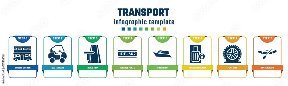 transport concept infographic design template. included double decker, all terrain, road trip, license plate, speed boat, luggage locker, flat tire, watercraft icons and 8 options or steps. transport concept infographic design template. included double decker, all terrain, road trip, license plate, speed boat, luggage locker, flat tire, watercraft icons and 8 options or steps.