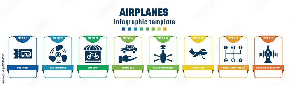 airplanes concept infographic design template. included bus ticket, ship propeller, bike shop, rental car, helicopter bottom view, small plane, manual transmission, army airplane bottom view icons airplanes concept infographic design template. included bus ticket, ship propeller, bike shop, rental car, helicopter bottom view, small plane, manual transmission, army airplane bottom view icons