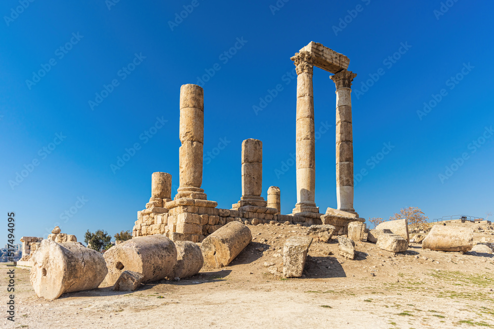 Roman ruins in the middle of the ancient citadel park in the center of Amman, Jordan