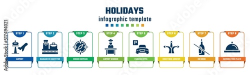 holidays concept infographic design template. included airport, baggage on conveyor band, round compass, airport worker, parking hotel, directions arrows, no drink, covered food plate icons and 8