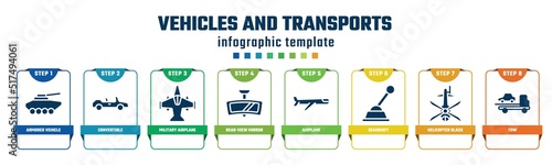 vehicles and transports concept infographic design template. included armored vehicle, convertible, military airplane bottom view, rear-view mirror, airplane, gearshift, helicopter black shape top