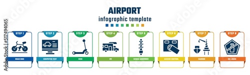 airport concept infographic design template. included road bike, computer test, kick, rv, shock absorber, access control, harbor, no liquid icons and 8 options or steps.