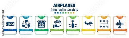 airplanes concept infographic design template. included bus ticket, ship propeller, bike shop, rental car, helicopter bottom view, small plane, manual transmission, army airplane bottom view icons
